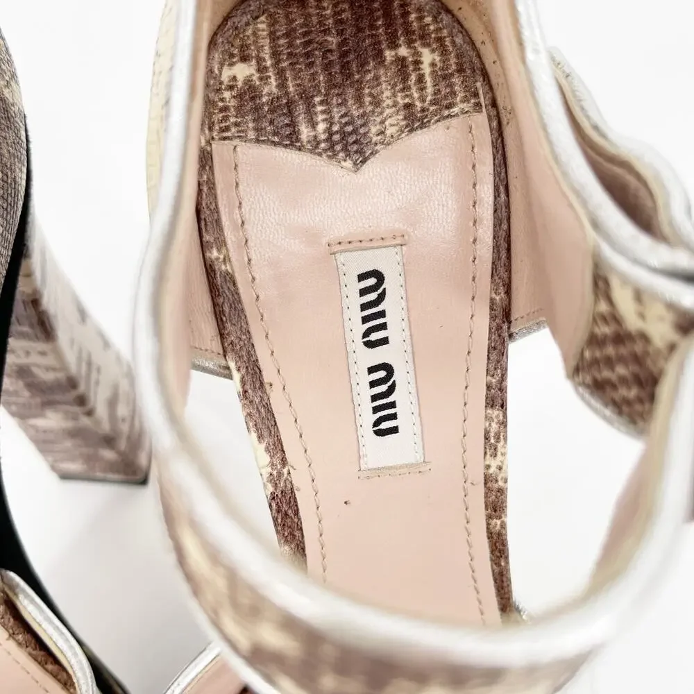Miu Miu Beige Black Gold Teju Lizard Embossed Platform Sandals Heels IT 39.5